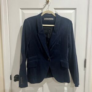 Zara Basic Women’s Navy Blue Velvet Blazer with Gray Elbow Patches – Size M